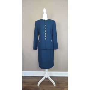 Herbert Grossman Cynthia Sobel Vintage Teal Wool Skirt Suit Set Size 4 USA